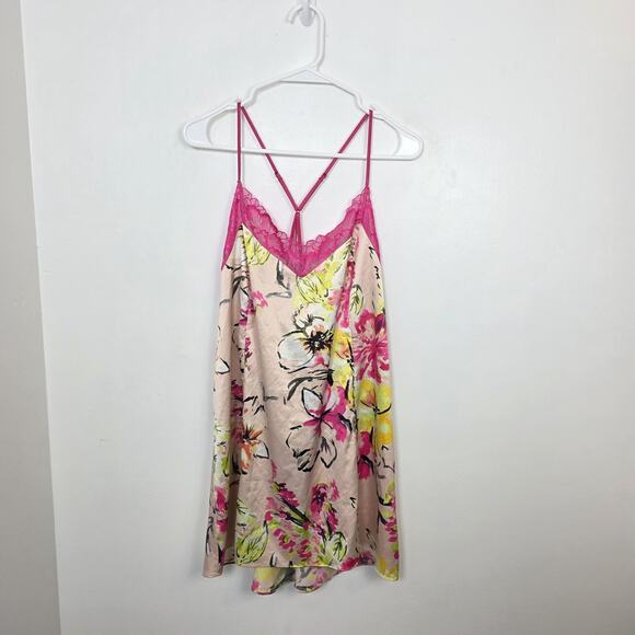 Cacique Other - Cacique Pink Yellow Floral Coquette Satin Chemise Lace Trim Tank Top Size 14